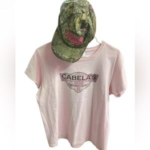 Cabela’s pink outfitters shirt size large with scheels camo women’s hat